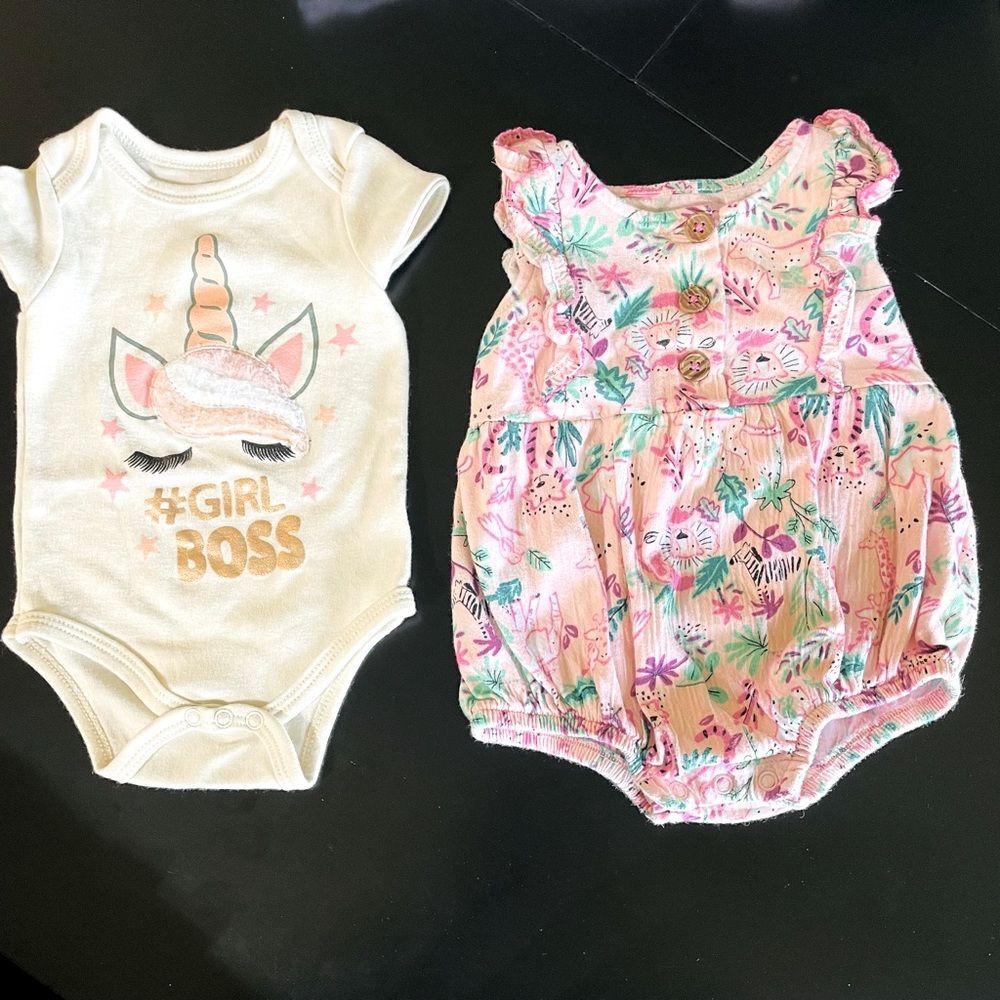 2 pieces infant baby outfits bodysuit one-piece pinks unicorn floral sz 6-9 mos